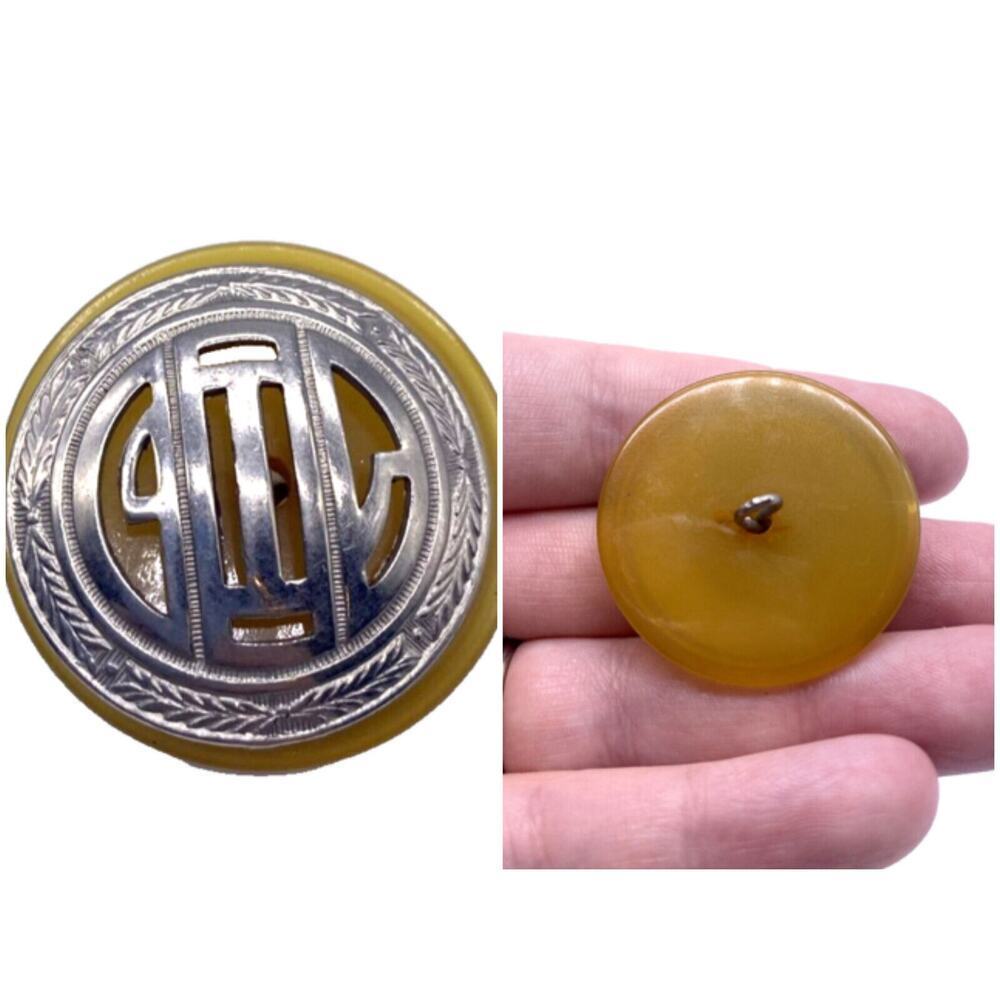 LARGE Vintage Bakelite Button Yellow Thick Silver Metal Overlay 1.25"
